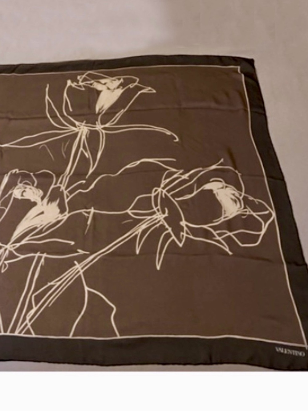 Valentino | Silk Scarf w/Abstract Roses in Brown, Cream & Black ♥ EUC